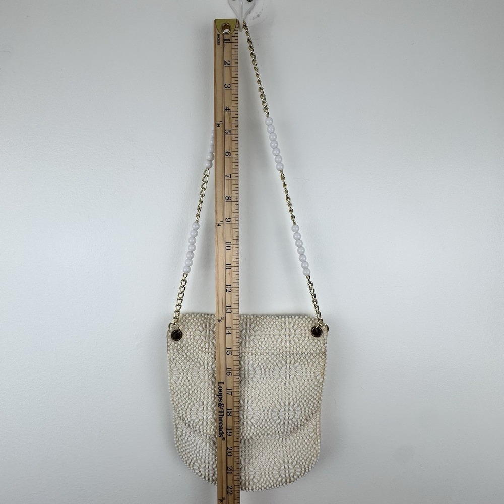 VTG Beaded Purse Ivory Gold Shoulder Chain Evening Retro Elegant Formal 50s 60s - Picture 14 of 16